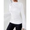 Herbst Neues Vielseitiges Raffdesign Glockenärmel Stehkragen Schlanke Passform Damen-T-Shirt