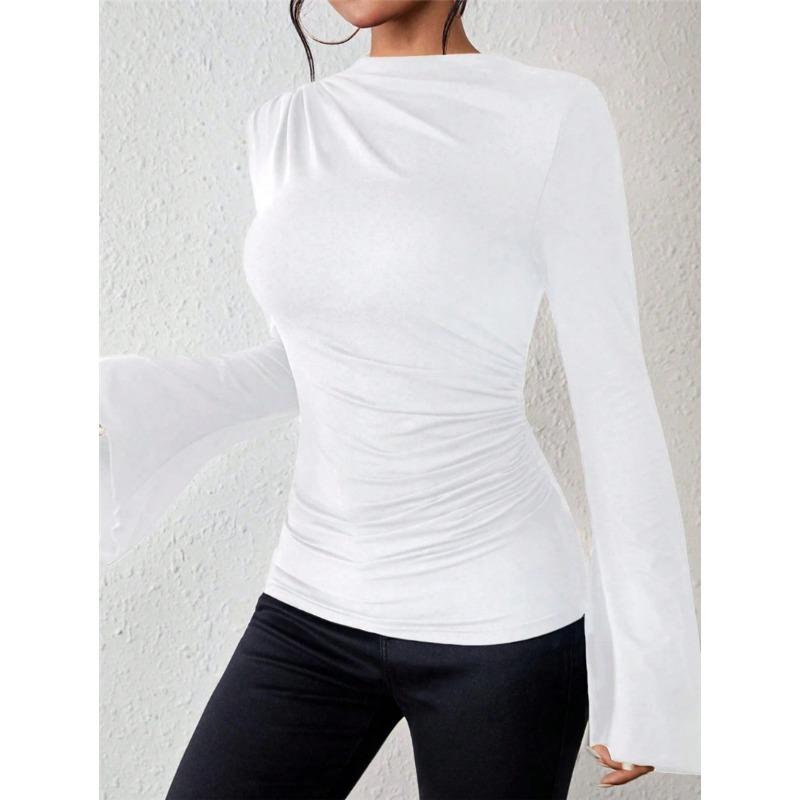 Herbst Neues Vielseitiges Raffdesign Glockenärmel Stehkragen Schlanke Passform Damen-T-Shirt