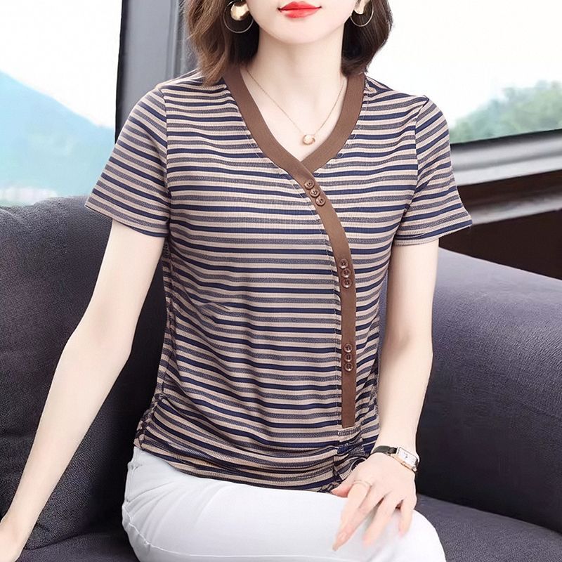 

Striped drawstring short-sleeved V-neck T-shirt summer women s new large-size casual pullover top M кавовий