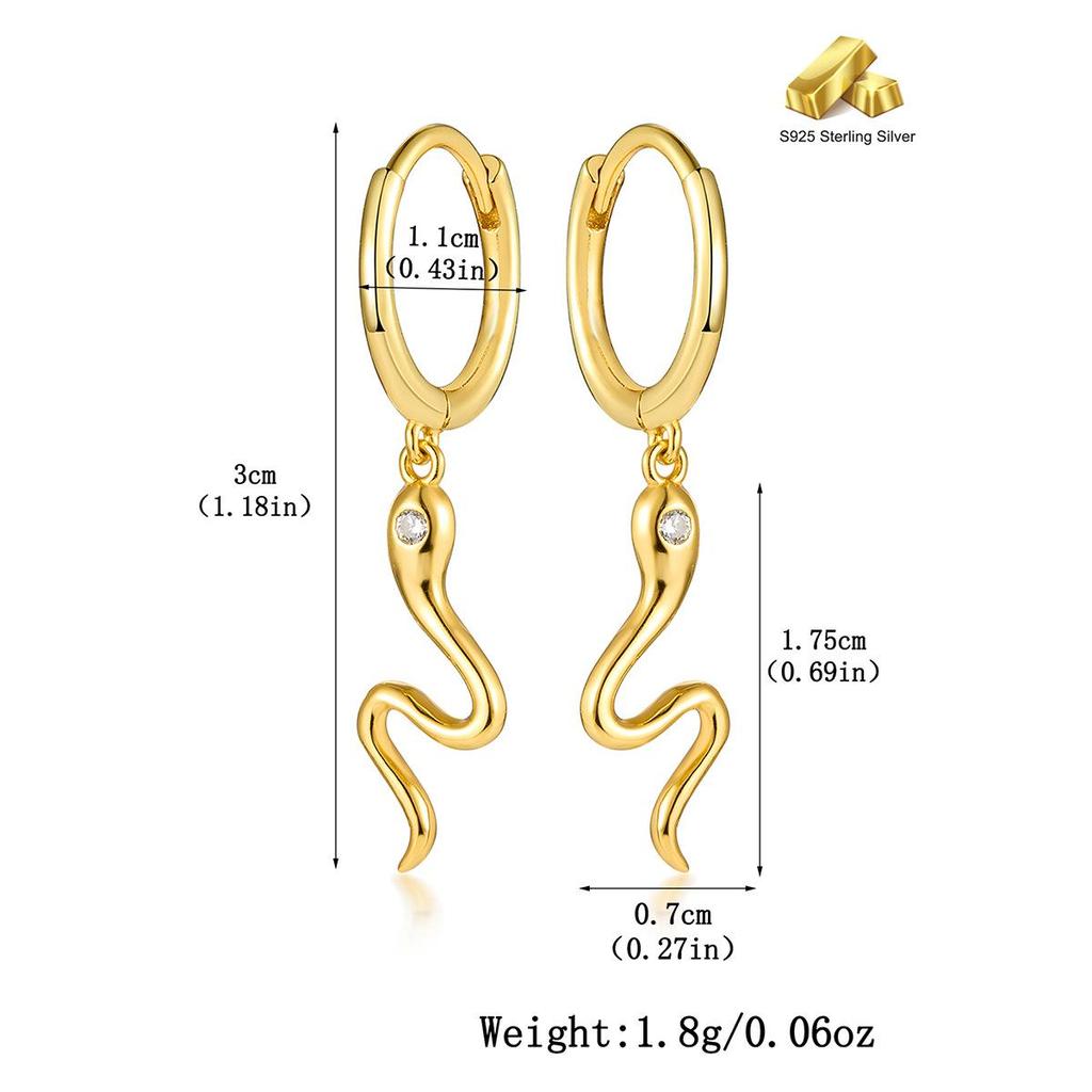 S925 Sterling Silver Snake Zodiac Stud Earrings, Light Gold, Sweet & Cool Niche Design.