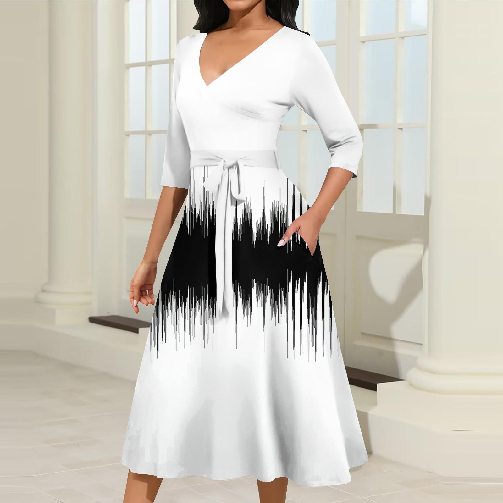 Женское повседневное модное платье миди с V-образным вырезом и рукавом три четверти — фото 3