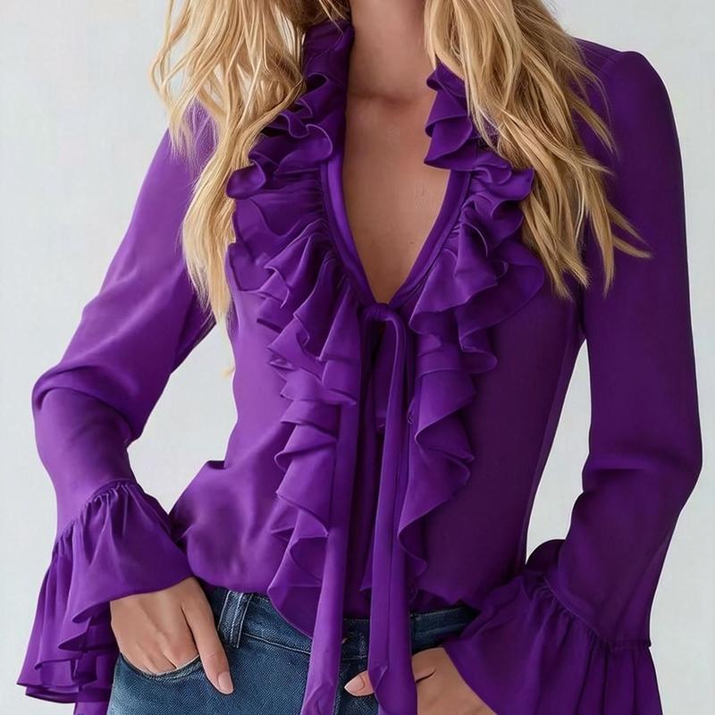Spring European Style Elegant Ruffle Solid Color V-Neck 882603 M