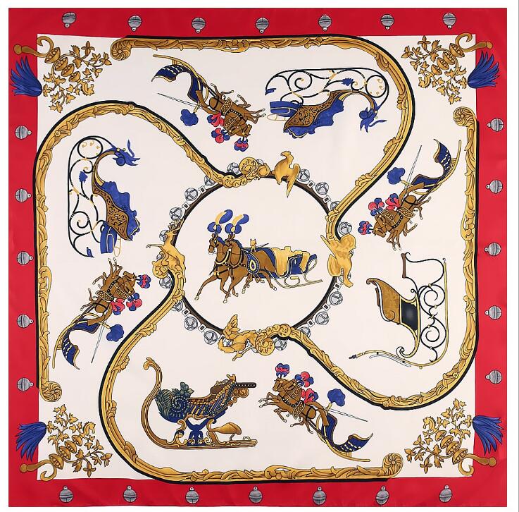 New Silk Scarf Women Large Shawls Horse Carriage Stoles Square Bandana Luxury Kerchief Hijab Scarf Female Foulards 130CM
