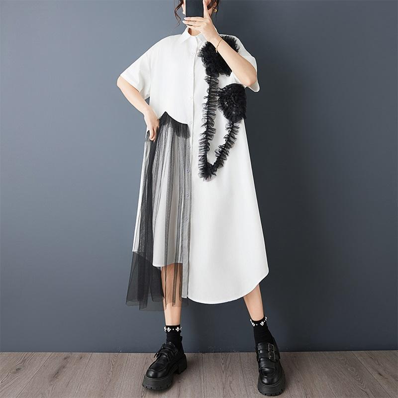 

short sleeve Plus size cotton mesh vintage floral new in dresses for women casual loose long summer Shirt dress білий