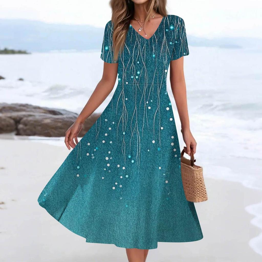 Women's Summer Casual Fashion Print Pocket Short Sleeve V-Neck Swing Dress