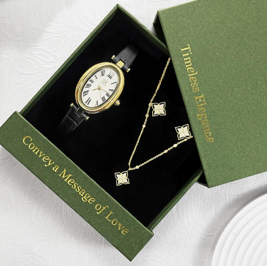 Women's Diamond Watch Set: Elegant Quartz Watch, Necklace & Earrings for Valentine's Day, Gift Box Included