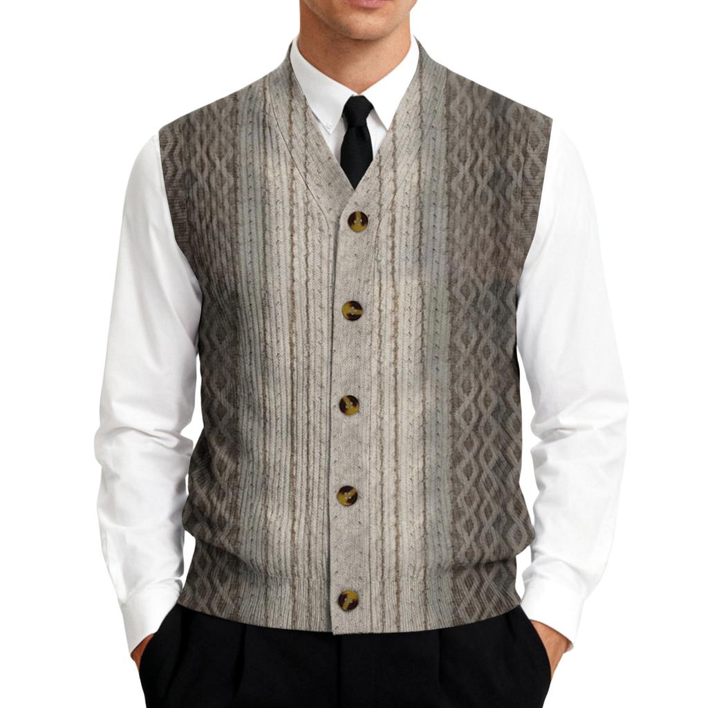 Vestă Cardigan Tricotată fără Mâneci cu Gât în V pentru Bărbați