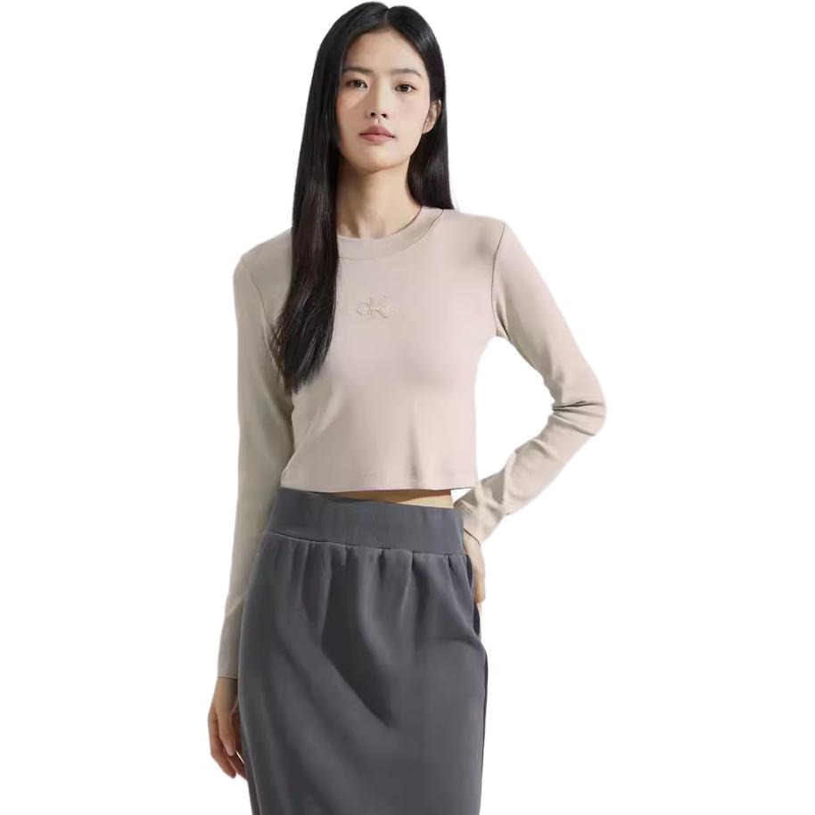 Calvin Klein Fashion Letter Ribbed Stretch Long Sleeve T-Shirt Women tops Off-White J222390PED