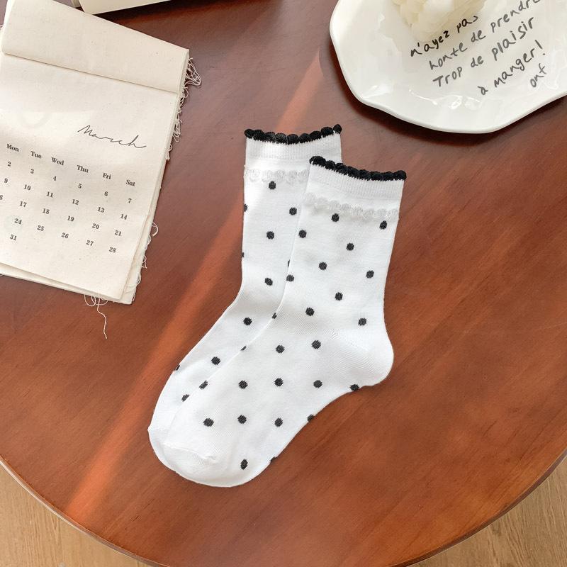 Women's Spring and Summer Thin Color Polka Dot Lace Bubble Mouth Tube Cotton Socks