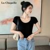La Chapelle Women's American Style Double U-Neck Slim-Fit Short Sleeve T-Shirt