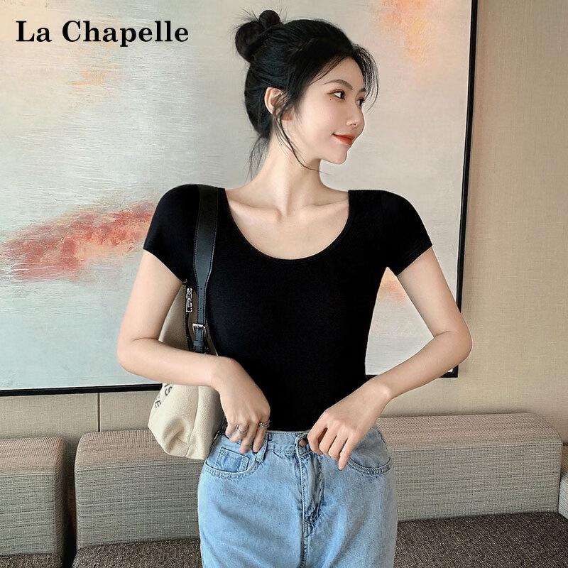 La Chapelle Women's American Style Double U-Neck Slim-Fit Short Sleeve T-Shirt
