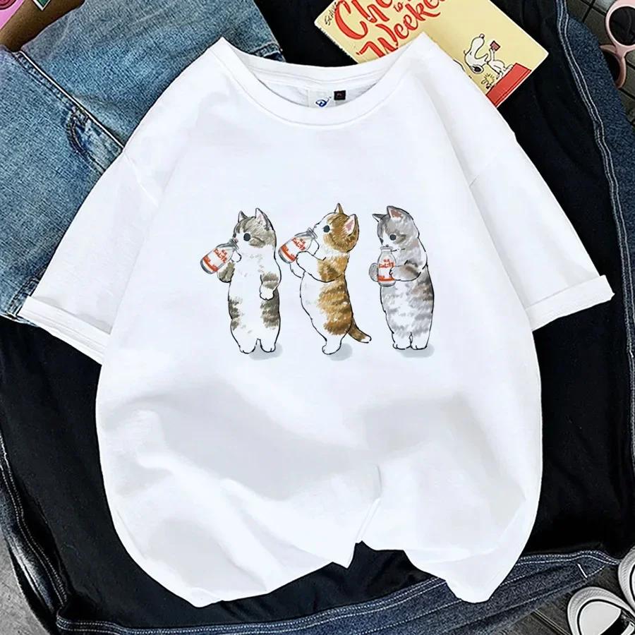 Kawaii Cat WoPrint T-shirt Girl Animal Y2K Fashion 90S Harajuku Print Tops Tee Gril Black White Summer Clothes Tshirts