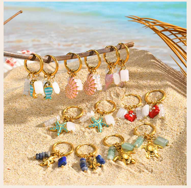 Ocean Starfish Turtle Fish Shell Charms Stainless Steel Hoop Earrings for Women Natural Stone Gravel Dangle Earrings Jewelry