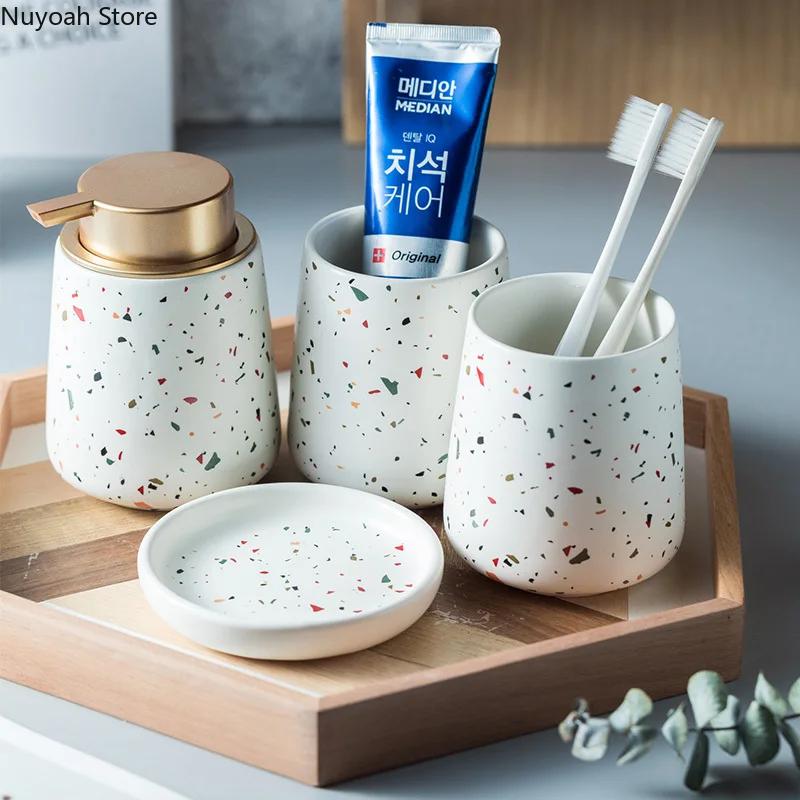 European Bathroom Decoration Set, Terrazzo Ceramic, Emulsion Bottle, Gargle Cup, Soap Dish, Art Supplies