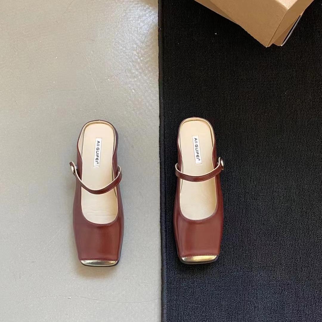 

Новые туфли Baotou с квадратным носком, полузакрытые, тонкие, повседневные, из мягкой кожи, на мягкой подошве, крутые тапочки, туфли на плоской подошве 40