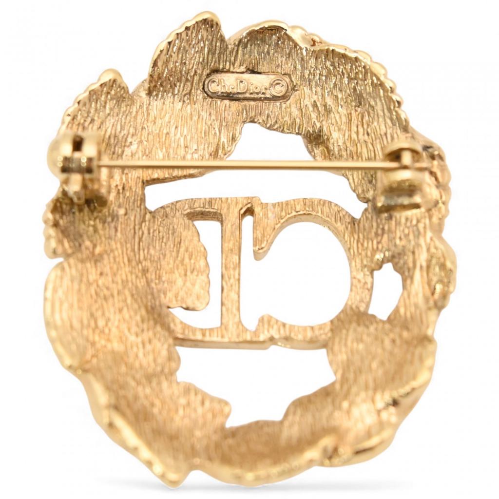 Auth DIOR Pave Leaf CD Logo Brooch Gold-Tone Metal Rhinestone Di4610bf