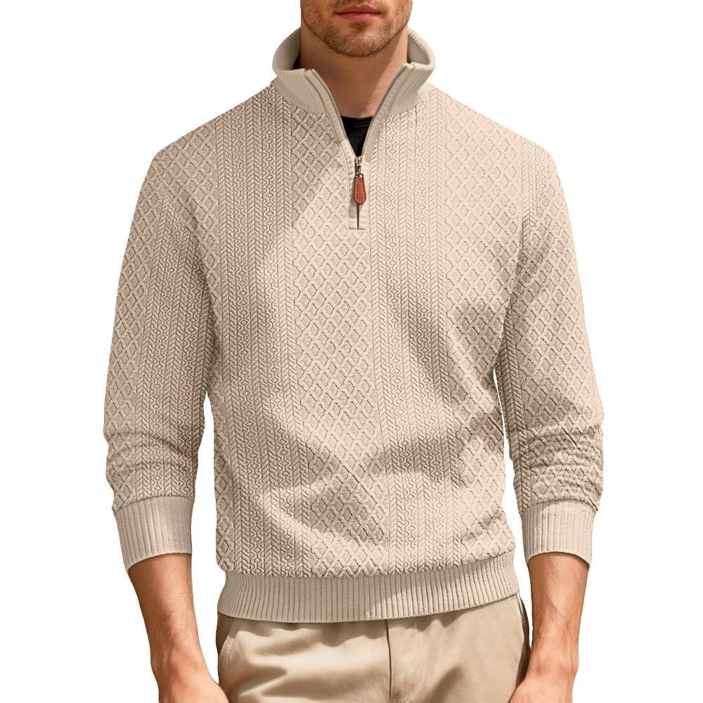 Herbst/Winter Herren Casual Stehkragen Reißverschluss Langarm Jacquard Texturiert American-Style Sweatshirt in Uni mit Slim Fit