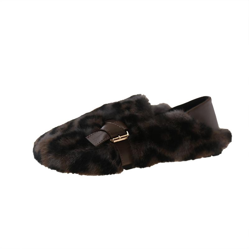 Flat-bottomed Retro Outer Wear Leopard Print One-pedal Lazy Cotton Shoes Women's 2025 Autumn New Plush Warm Fluffy Shoes