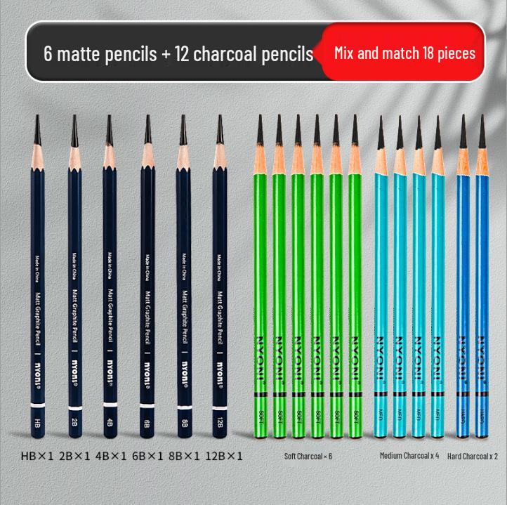 Neoni Matte Sketching & Soft Charcoal Pencils for Art Students with Professional Painting Brushes.