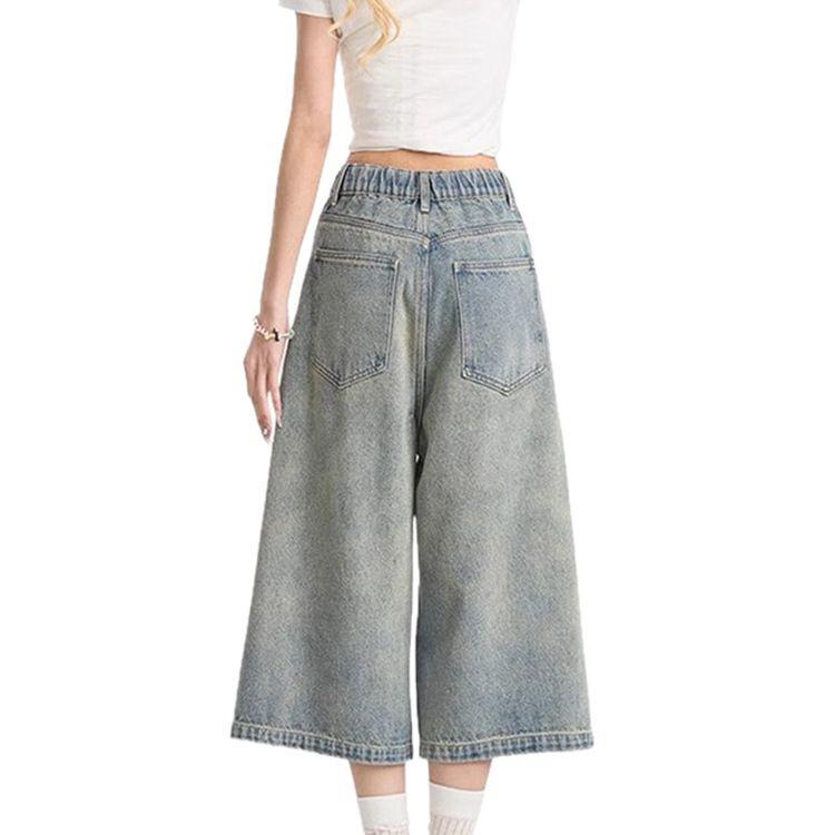 Women's Slimming Plus Size Embroidered Denim Capri Pants - Summer 2025 Wide-Leg Design for Pear-Shaped Body