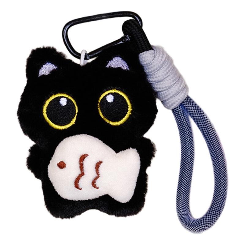 Adorable Plush Black Kitten Keychain With Bells And Fish Toy Christmas Tree Ornament Gift For Kids Birthday Decorations