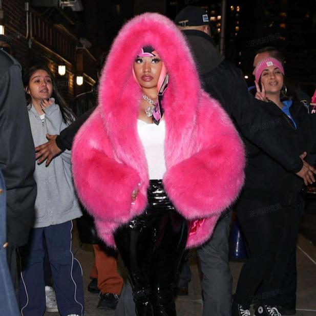 Fried Street Eco-friendly Fur New Imitation Fox Hair Hooded Jacket Women's Korean Edition Premium Furry Warm Jacket
