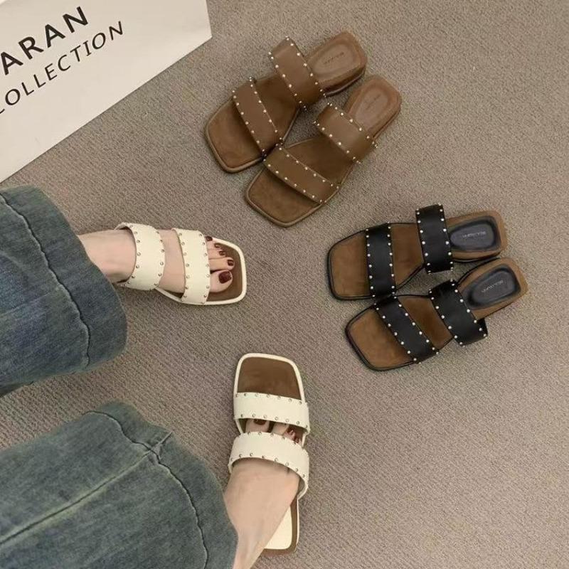 Fashion 2025 New Summer Women Square Toe Clip Toe Flip Flop Fashion Rivet Dress Slide Shoes Ladies Concise Outdoor Low Heel Slippers