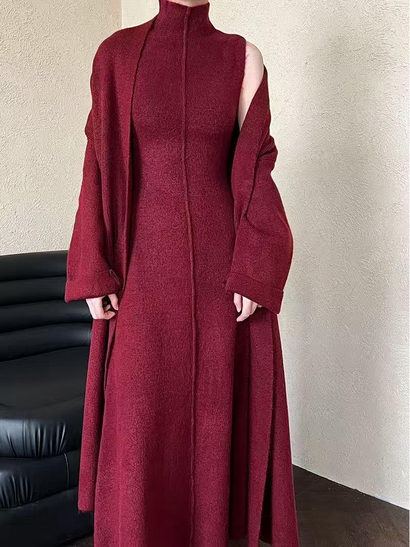 

Women s Two-Piece Knit Cardigan & Vest Dress Set – High-Neck, Long Sweater, Perfect for Autumn/Winter One Size