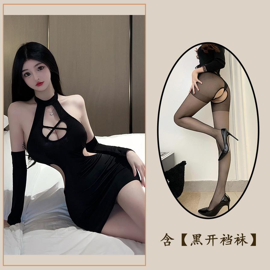 Sex Underwear Sexy Women's One-piece Cross-hanging Neck Perspective Cheongsam Nightclub Uniform Pajamas Set Hip Skirt