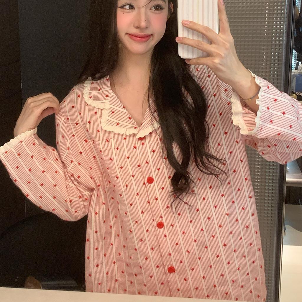 Korean version of simple style striped pajamas spring and autumn lace long-sleeved trousers suit girl ins style loungewear