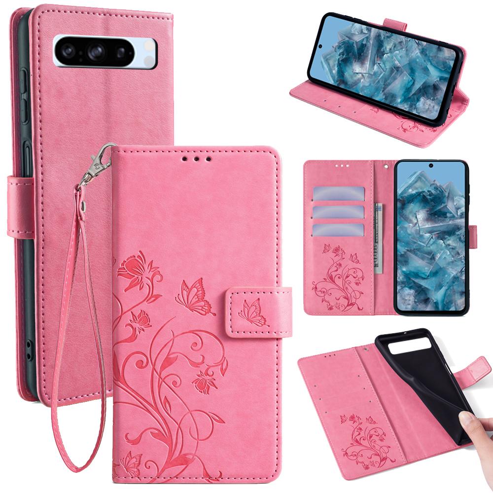 Für Google Pixel 8 Pro Hülle PU-Leder Schmetterling Blume geprägt Brieftasche Handy Folio Hülle