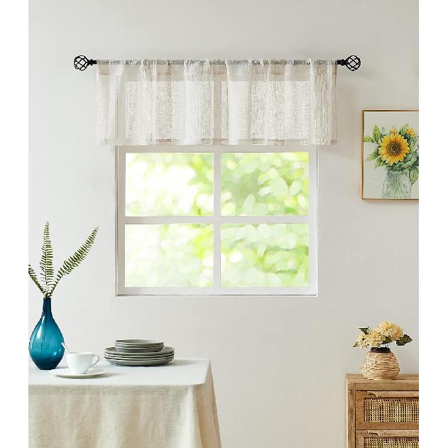 Central Park Black and White Kitchen Window Curtain Valance Vertical Stripe Sheer Boucle Linen Window Curtain, Living Room Decorative Rod Pocket (54"