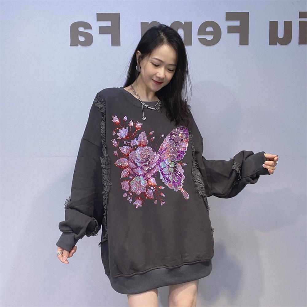 Laid-back Style Round-neck Large-sized Sweatshirt for Women Loose Pullover Top for Autumn and Winter Rhinestone Jacket