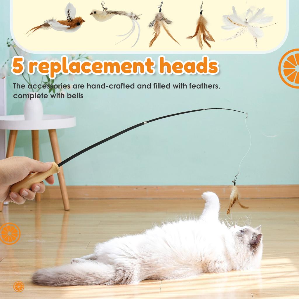 Cat Teaser Wand Toys Interactive Cat Feather Toy with 2 Birds and 3 Feather Refills Retractable Pole for Pet Lovers