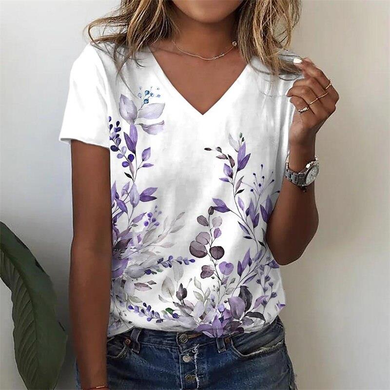 Summer Women's Short-sleeved V-neck T-shirt Women's White Fashion Women's 3d Lavender Printed Top