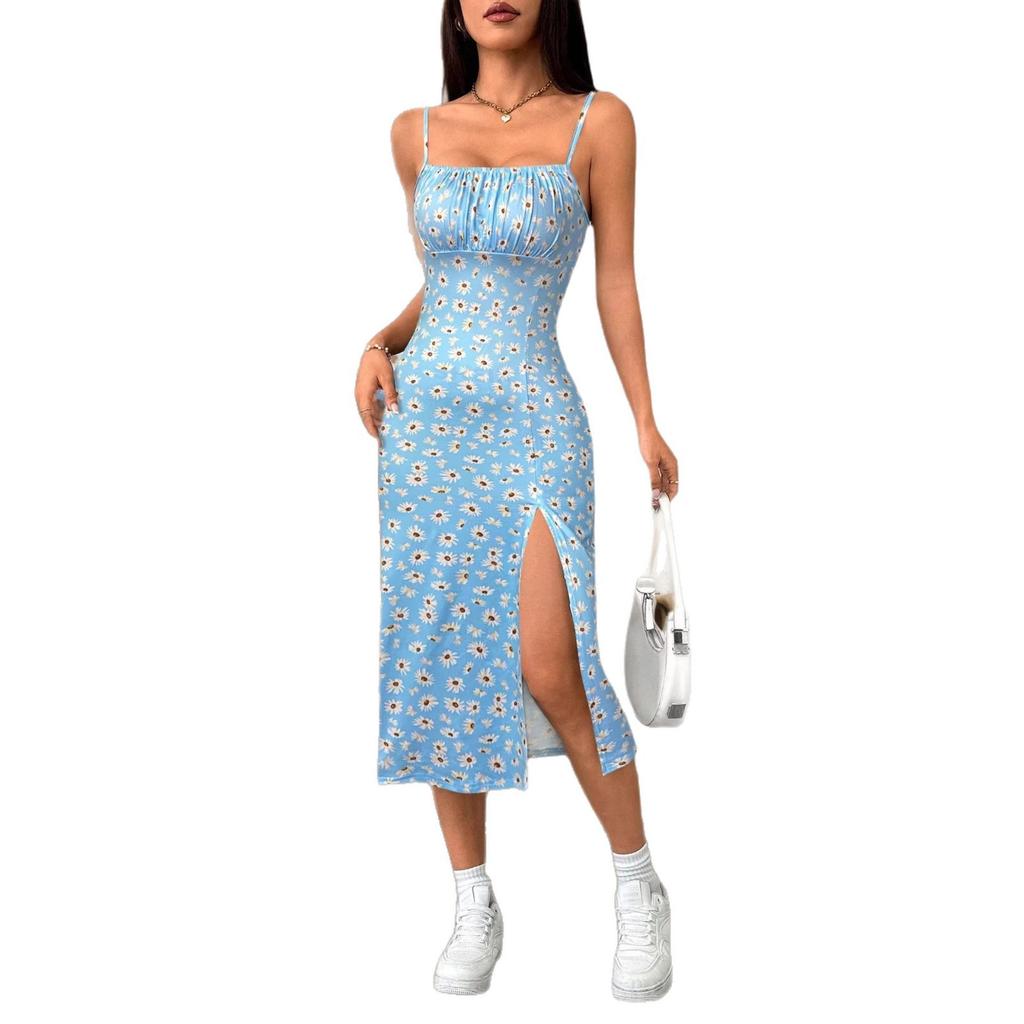Summer New Dress, Fashion Printed Suspender Pleated Split Suspender Dress
