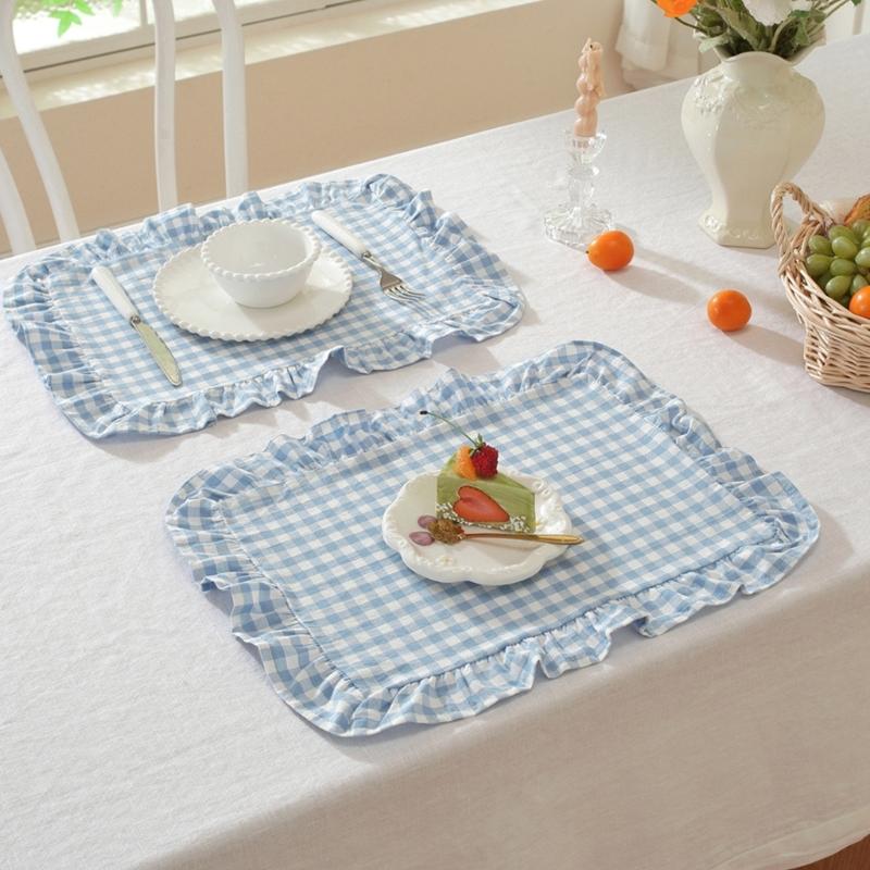 French Design Cloth Placemat Ruffle Edges Gingham Plaids Washable Table Mat For Banquets Wedding Parties Home Decors