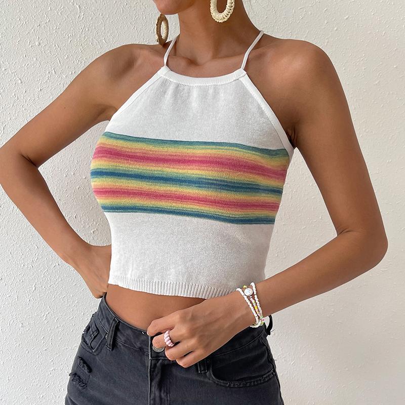 

Женский летний вязаный жилет с открытой спиной и бретелькой Радуга, укороченный жилет с открытой талией L белый