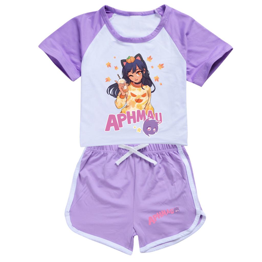 

4281 2pcs/set Children Girls APHMAU Printed Short Sleeves Top Pants Sport Tracksuit Set 140cm