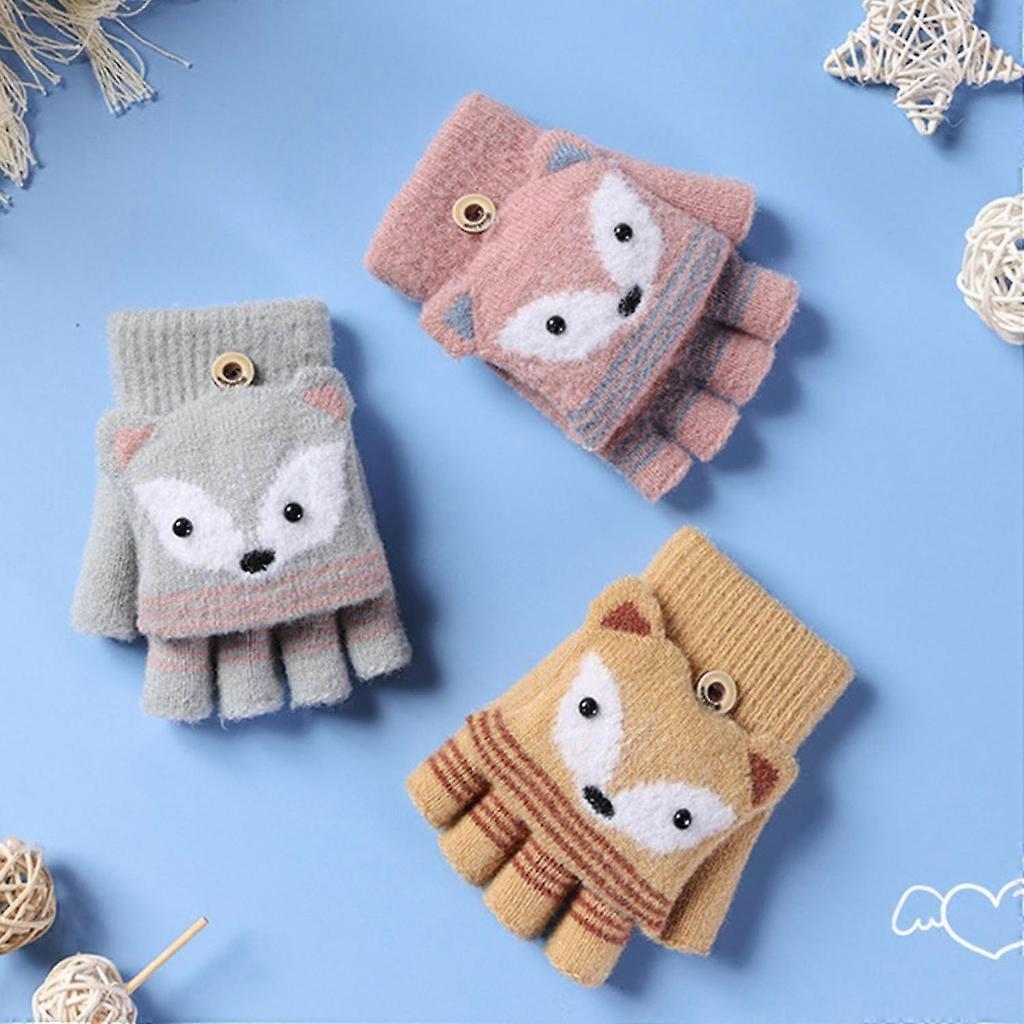 1 Pair Ages 6-10 Boys' & Girls' Gloves Cartoon Fox Half-Finger Winter Style Coffee Brown Stretch Gloves