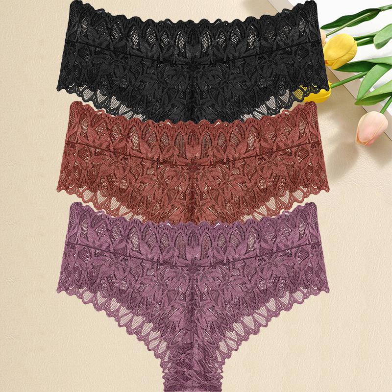 3PCS/Set Women Floral Lace Panties Sexy Perspective G-String High Waist Underpants Female Breathable Intimates Lingerie