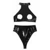 Womens Lingerie Wet Look Sleeveless Halter Open Bust Crop Top with High Cut Front Zipper Belt Briefs for Party Club