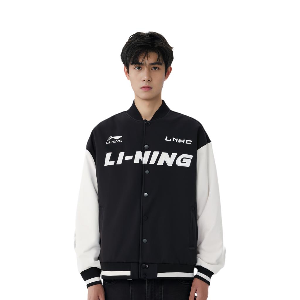 Li Ning Sports Lifestyle Series American Vintage Street Style Spliced Single-Breasted Long Sleeve Baseball Jacket Unisex Jacket Black AWDU779-2