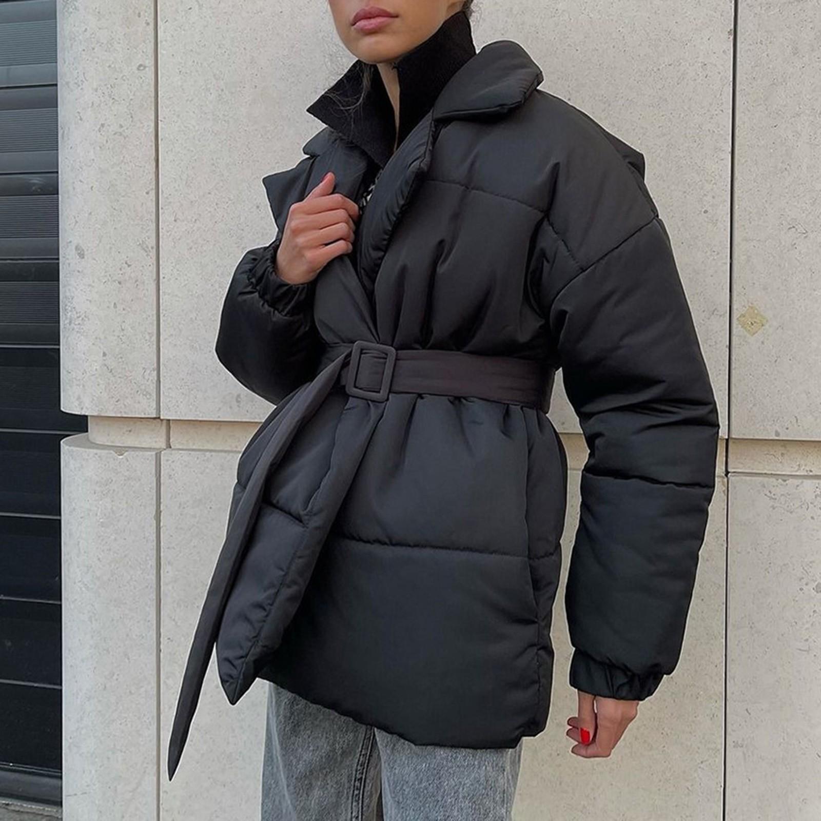 

Зимнее новое утолщенное тонкое хлопковое пальто с поясом и лацканами, однотонное хлопковое пальто L чёрный