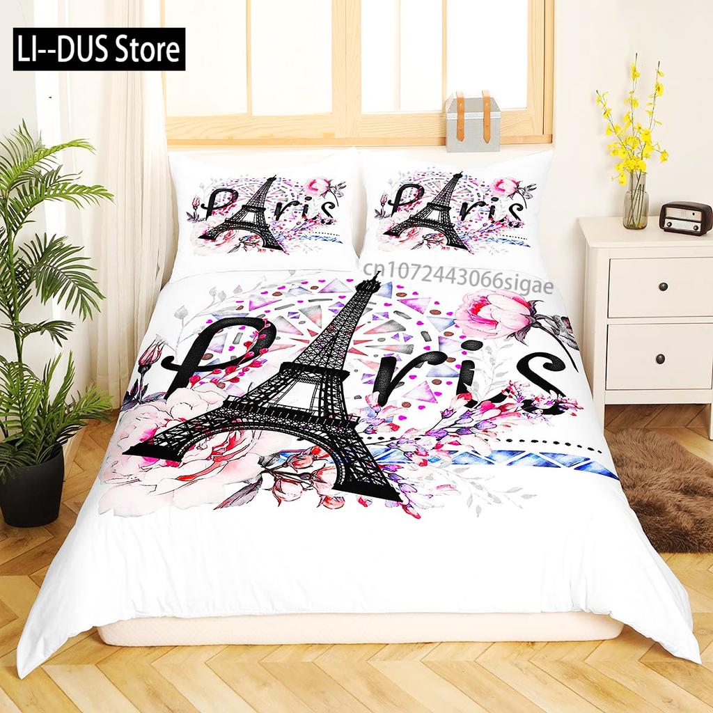 Eiffel Tower Duvet Cover Set King Size Paris Tower Bedding Set For Boy Girl Polyester Paris Cityscape Wooden Texture Quilt Cover
