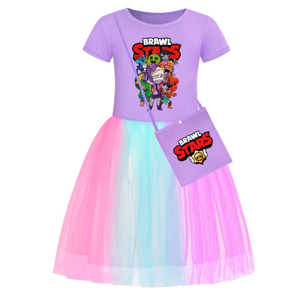 4094 Girls Brawl Stars Print Mesh Rainbow Princess Dress