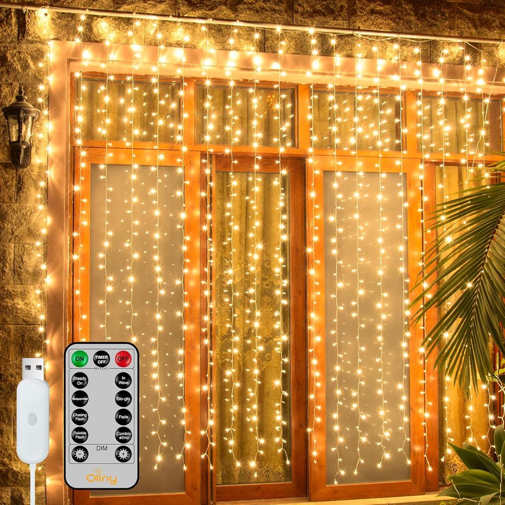 Ollny Christmas Curtain Lights 300 LED 9.8 FTx9.8 FT, Outdoor Waterproof Curtain String Lights with Remote Timer 8 Modes, USB Waterfall Window Lights