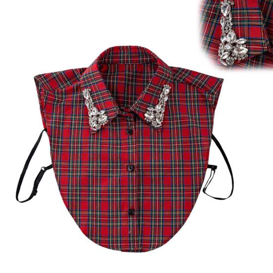 Women Plaid Fake Collar Red Blue Christmas Plaid Collar with Rhinestones Detachable False Collar for Sweater Sweatshirt Hoodie