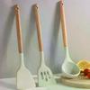 Wooden Handle Silica Gel Spatula High Temperature Pot Spatula Frying Spatula Soup Ladle Home Cooking Spoon Frying Spatula