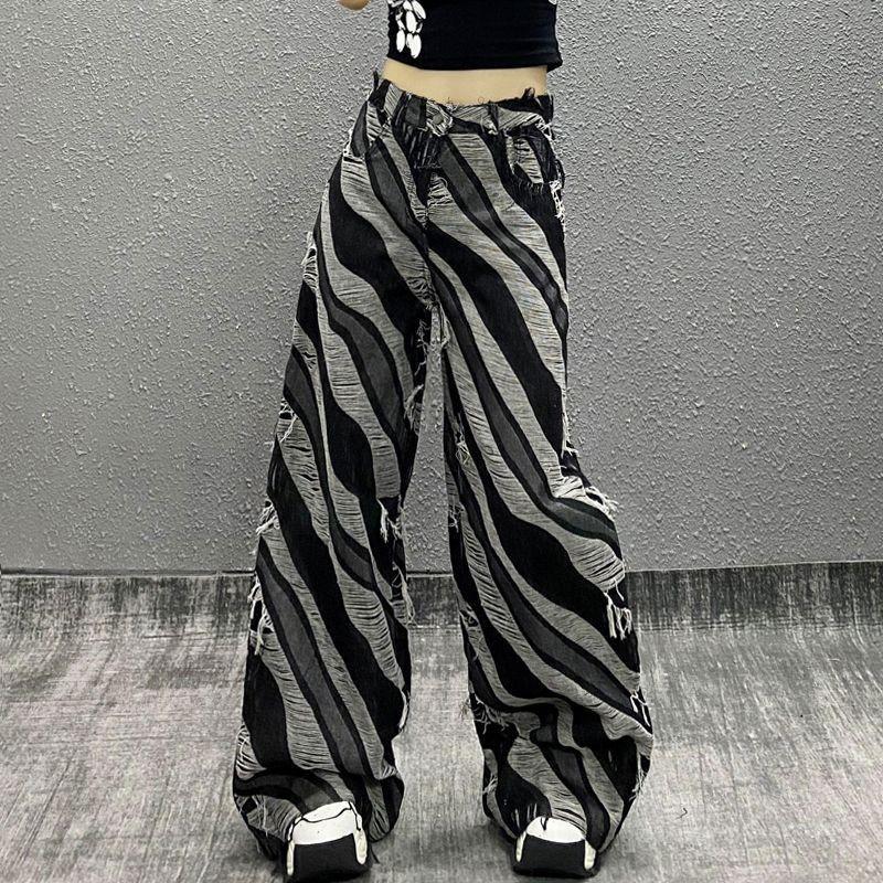 Plus Size Cool Color - Blocked and Raw - Edge Design Jeans for Women - Niche Loose - Fit Slimming Wide - Leg Floor - Length Trousers